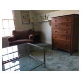 Ethan Allen Five Drawer Dresser, Glass Top Coffee Table, Pair of Upholstered Chairs