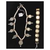 Pearl, Gold and Carved White Jade Neclace and Bracelet Set
