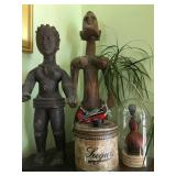 African Art (left: Ibibio puppet figure, middle: Bamana Jo Figure), Vintage Tins, Gourd African Art 