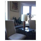 Marble Top End Table, Microsuede Side Chairs, Teak Lamp