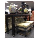 Sofa Table with Burl Wood and Chrome, Chinese Stools with Cushion
