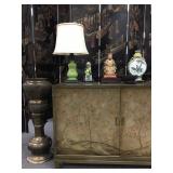 Brass Urn on Pedestal, Peacock Decorated Cabinet from John Widdicomb