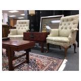 Tufted Back Rolled Arm Chairs, Pig Skin Trunk on Stand, Asian Style Coffee Table