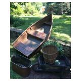 Wooden Boat, Copper Boiler, Wheel Barrow