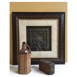 Framed Tin Tile, Antique Box Camera, Wicker Wrapper Jug 