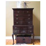 Chippendale Chest on Stand, Leather Trunk, Primitive Textile Wheel 
