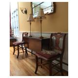 Needlepoint Chairs, Drop Leaf Table, Accent Lighting, Mirror
