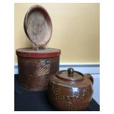 19th Century Primitive Pie Plate, Boston Baked Beans Crock, Flag Decorated Wooden Box