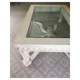 Artifacts International Cocktail Table, Carved Wood Base with Glass Inset 