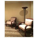 Rattan Back and Seat Mahogany Armchairs with Down Cushions 