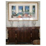 Baker Furniture Regency Mahogany Dwarf Breakfront, Thomas McKnight Signed Serigraph 