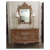 French Country Two Drawer Dresser with Basket Detail, Lenox Lamps, Carved Mirror