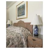  Baker Furniture French Country Cane Headboard, Baker Bed Side Tables, Blue and White Chinese Lamps 