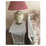 Wicker End Table, Hand Painted Jug Lamp