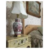 Hand Painted Bed Side Tables, Pair Available, Red and White Willow Lamp, Pair Available 