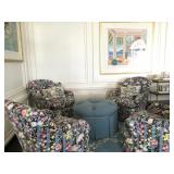 Baker Furniture Curved Armchairs, Tufted Ottoman, Thomas McKnight Serigraph 