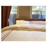 28) Custom Fully Upholstered QUEEN Size Headboard, Includes Mattress and Tailored Dust Skirt with In