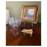 Art Print in Gilt Frame, Waterford Crystal, Antique Brass Cigar and Cigarette Case 