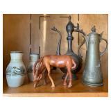 African Carved Ibex, Indian Hand Forged Kettles, Hand Painted Pottery 