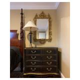 Pierced And Carved Gilt Mirror, Brass Accented Lamps, Patterned Chest of Drawers 