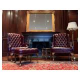 Iconic Tufted Leather Wingback Chairs and Ottoman