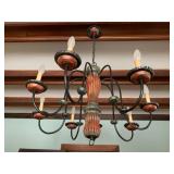 Wrought Iron and Painted Wood Eight Arm Chandelier