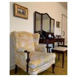 Toile Wingback Armchair, Vanity with Stool