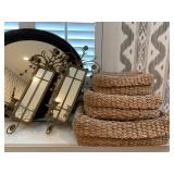Mirrored Candle Sconces, Wall Mirror, Stacking Jute Baskets