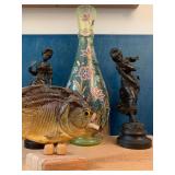 Piranha, Bronze Statues, Czech Hand Painted Hand Blown Glass Vase 