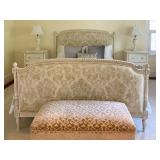1. QUEEN Vintage French Bed Frame with Updated Damask Upholstered Headboard and Footboard, 88 x 64 x