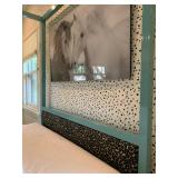 7. Modern Canopy Bed in Teal with Teal Leopard Print Inset Headboard, 85 x 61 x 80