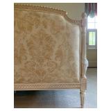 1. QUEEN Vintage French Bed Frame with Updated Damask Upholstered Headboard and Footboard, 88 x 64 x