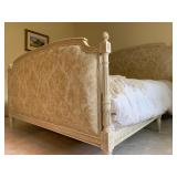1. QUEEN Vintage French Bed Frame with Updated Damask Upholstered Headboard and Footboard, 88 x 64 x