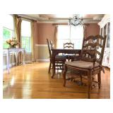 Fremarc Dinning Room Set, Six Carved Frame Rush Seat Chairs, Sideboard and Hutch 