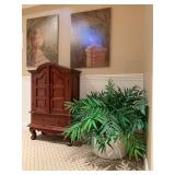 Arch Top Cabinet, Art Prints, Faux Plants 