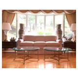 Kravet Three Seat Sofa, Brass Hoof Foot Coffee Tables, Waterford Lamps, Lladro, Rose Medallion Chine