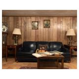 Leather Sofa, Inlaid End Tables from Councill Craftsman, Stiffel Brass Lamps, Seth Thomas Grandfathe