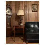 Leather Sofa, Inlaid End Tables from Councill Craftsman, Stiffel Brass Lamps, Seth Thomas Grandfathe