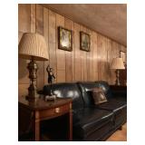 Leather Sofa, Inlaid End Tables from Councill Craftsman, Stiffel Brass Lamps, Seth Thomas Grandfathe