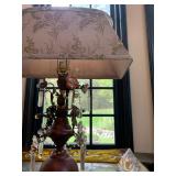 Wooden Lamp with Metal Flowers and Hanging Crystals