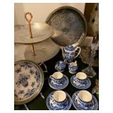 Blue Willow Tea Cups, Hammered Tin Tiered Server, Wedgwood Crystal Candlesticks