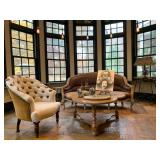 Louis XV Sloped Arm Settee, Tufted Back Armchair, Clover Cocktail Table