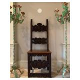 Arts and Crafts Carved Hall Chairs, PAIR, Wrought Iron Floor Candelabra