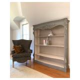 Exaggerated Wingback Armchair, Louis VX Style Bookcase in Gray Wash 