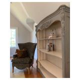 Exaggerated Wingback Armchair, Louis VX Style Bookcase in Gray Wash 