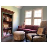 Mohr Mcpherson Carved Frame Bookcase, Rounded Back Damask Three Seat Sofa, Baroque Style Antique Hig