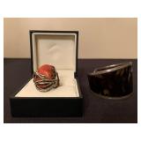 Coral and Sterling Ring from Barneys, Sterling Wrapped Tortoise Shell Cuff