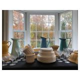 Antique Yellow Ware Collection, Etched Stemware, Enamel Pitchers, Crate and Barrel Dinnerware