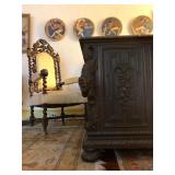 Carved Spanish Revival Armchair, Carved Figural Partners Desk Attributed to R.J. Horner