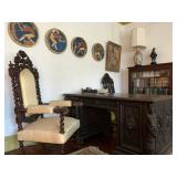 Carved Spanish Revival Armchair, Carved Figural Partners Desk Attributed to R.J. Horner, Moravian Po